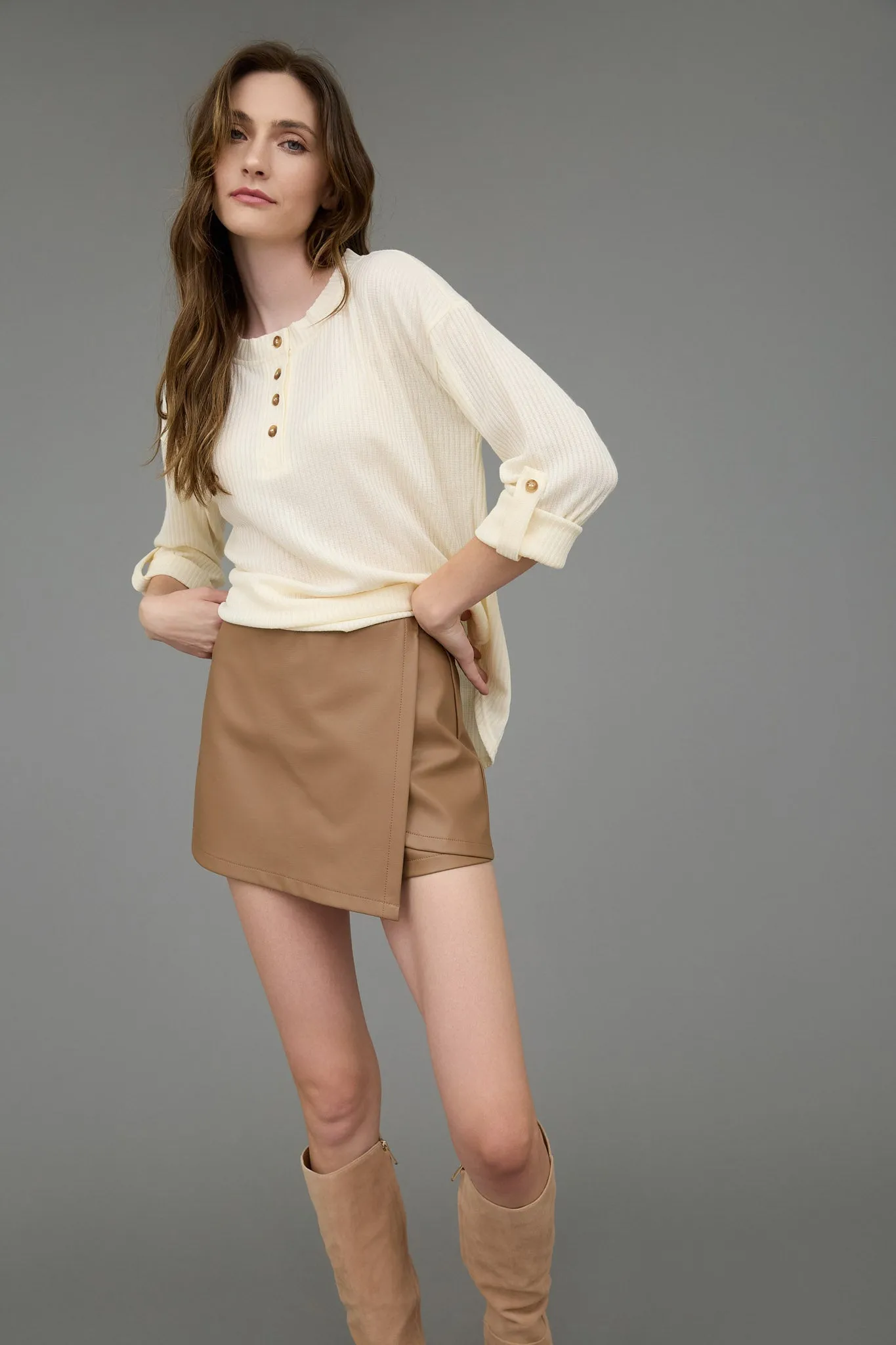 3/4 TAB SLEEVE HENLEY KNIT TOP sold by Blu Pepper