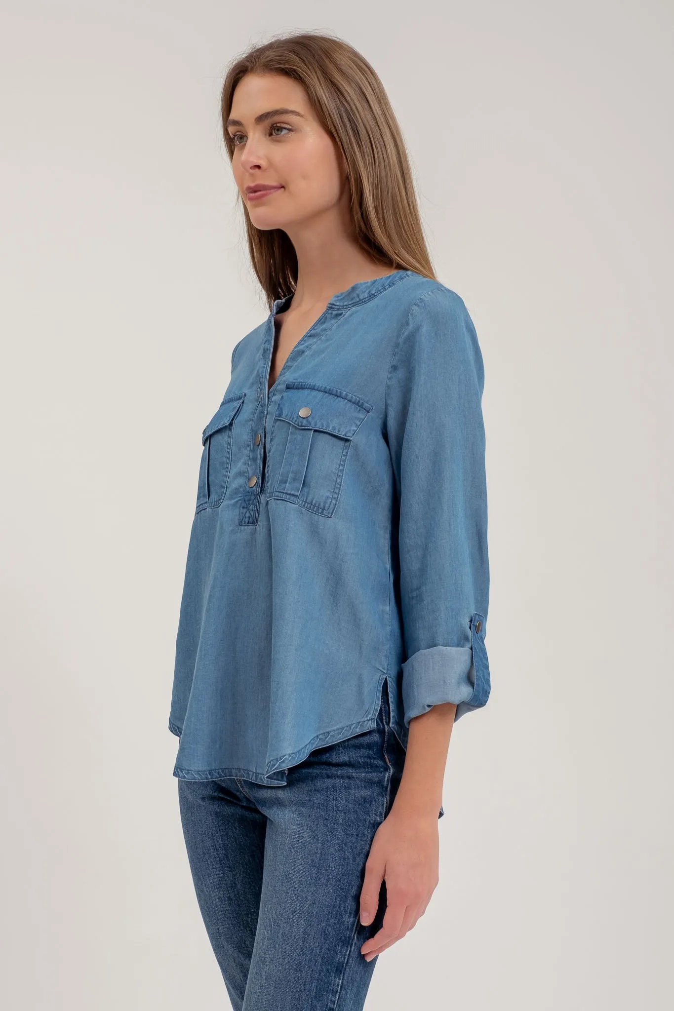 CHAMBRAY V NECK HALF BUTTON LONG SLEEVE TOP sold by Blu Pepper product image thumbnail 3