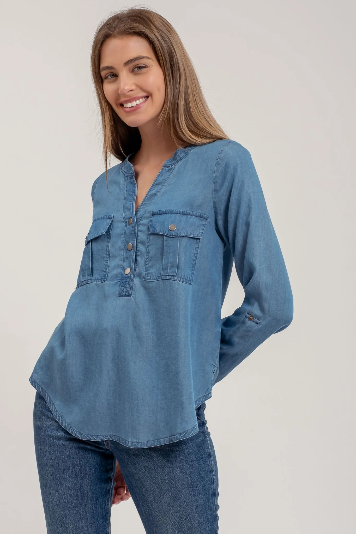 CHAMBRAY V NECK HALF BUTTON LONG SLEEVE TOP sold by Blu Pepper product image thumbnail 4