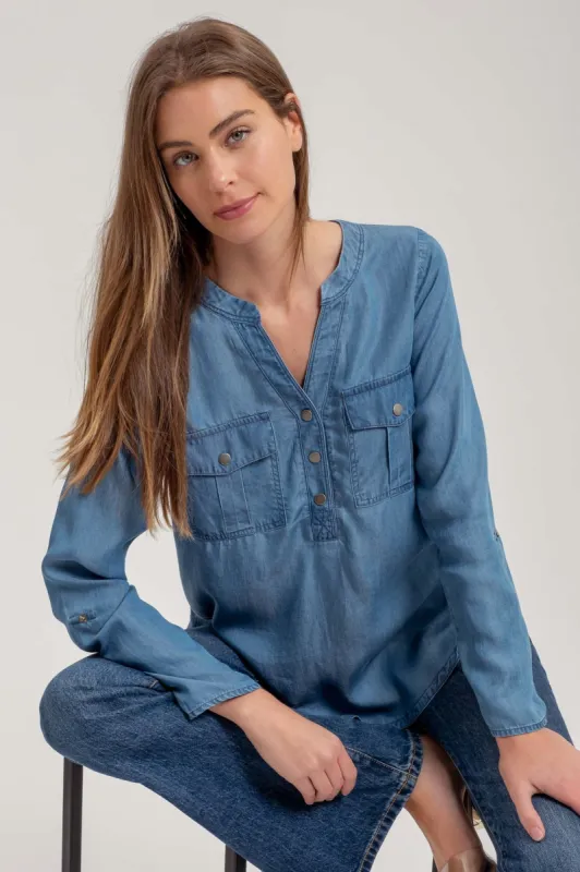 CHAMBRAY V NECK HALF BUTTON LONG SLEEVE TOP sold by Blu Pepper