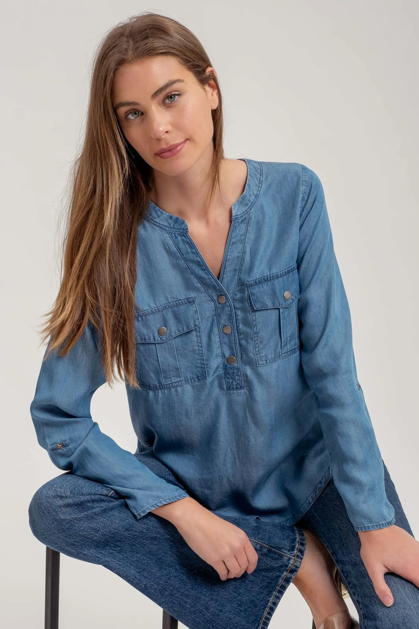 CHAMBRAY V NECK HALF BUTTON LONG SLEEVE TOP sold by Blu Pepper