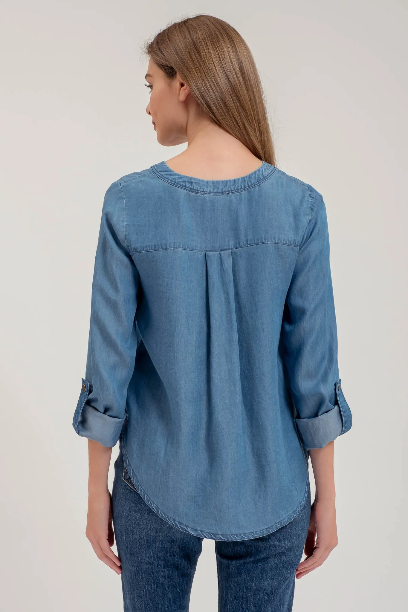 CHAMBRAY V NECK HALF BUTTON LONG SLEEVE TOP sold by Blu Pepper product image thumbnail 2