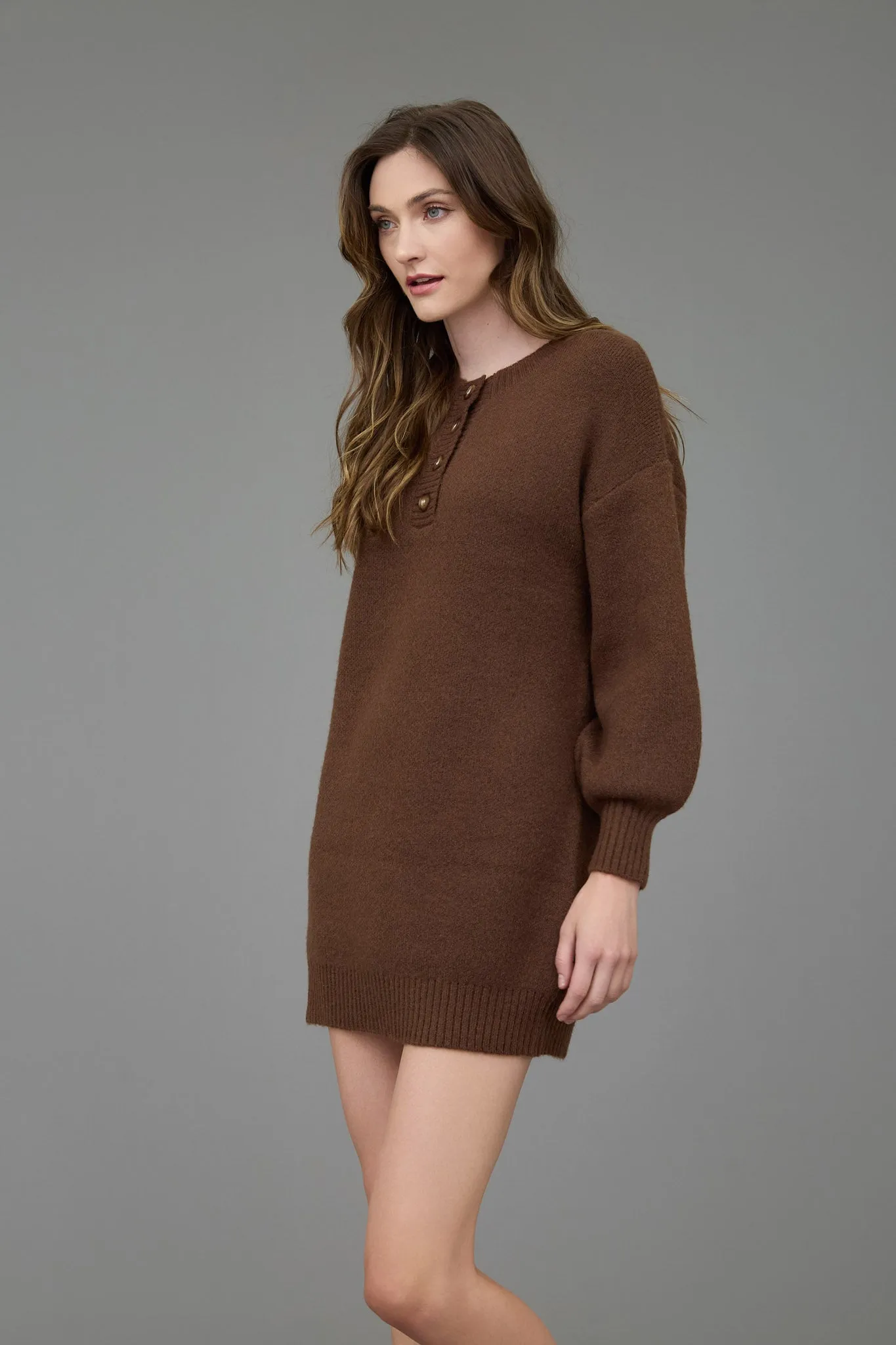 HALF BUTTON LONG SLEEVE MINI SWEATER DRESS sold by Blu Pepper product image thumbnail 3