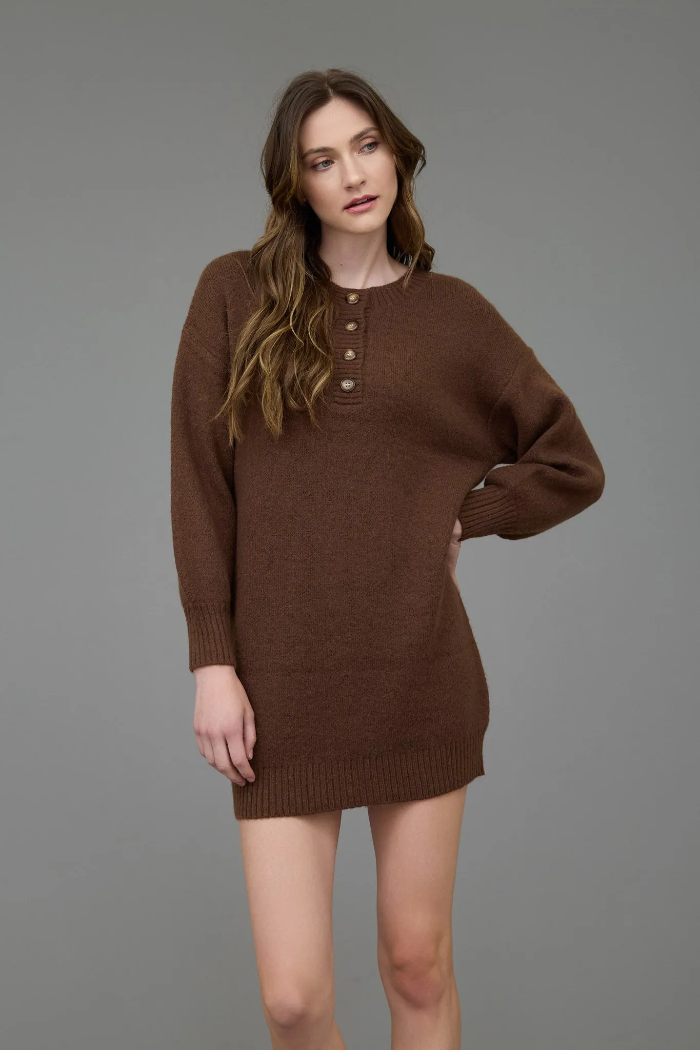 HALF BUTTON LONG SLEEVE MINI SWEATER DRESS sold by Blu Pepper product image thumbnail 5