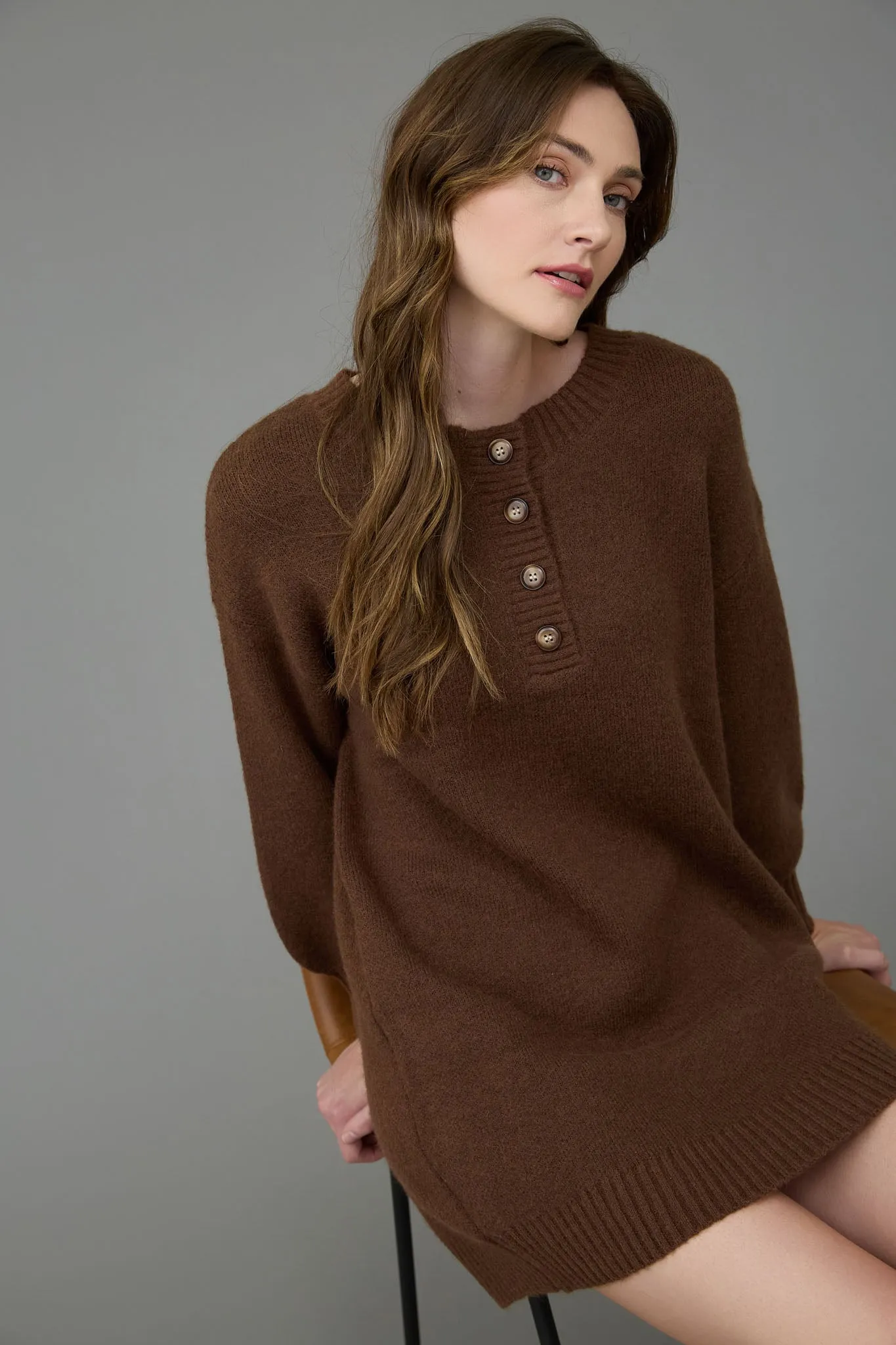 HALF BUTTON LONG SLEEVE MINI SWEATER DRESS sold by Blu Pepper product image thumbnail 4