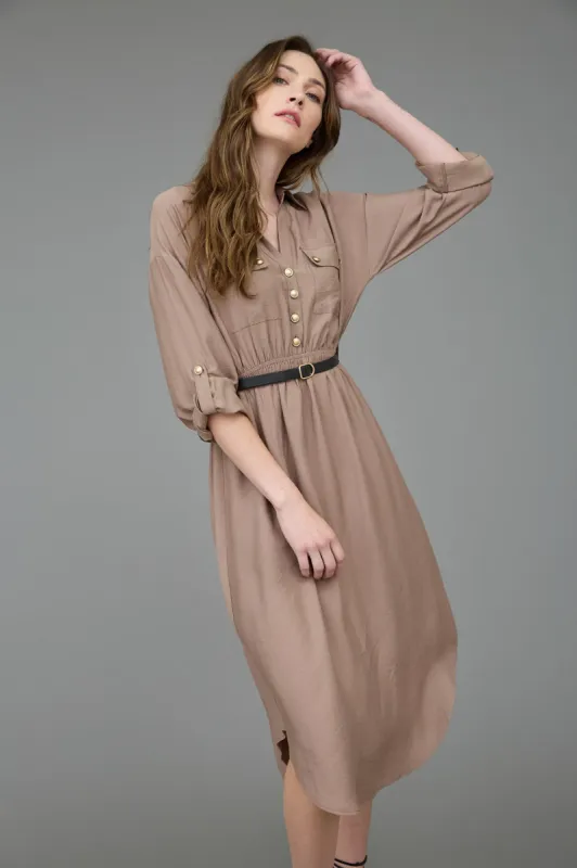 COLLARED HALF BUTTON 3/4 SLEEVE BELTED MIDI DRESS sold by Blu Pepper