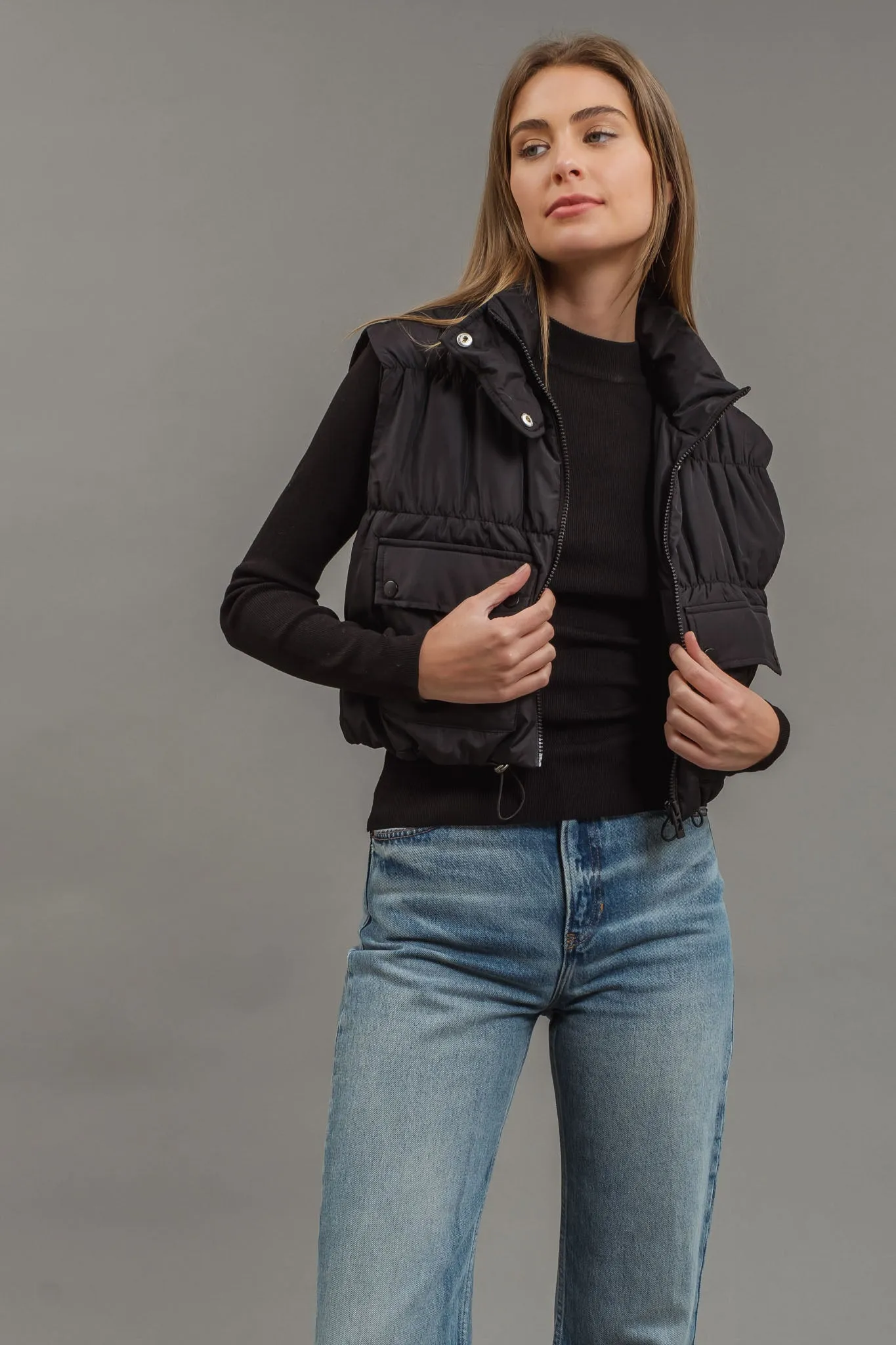 CROPPED ZIP UP CARGO PUFFER VEST sold by Blu Pepper
