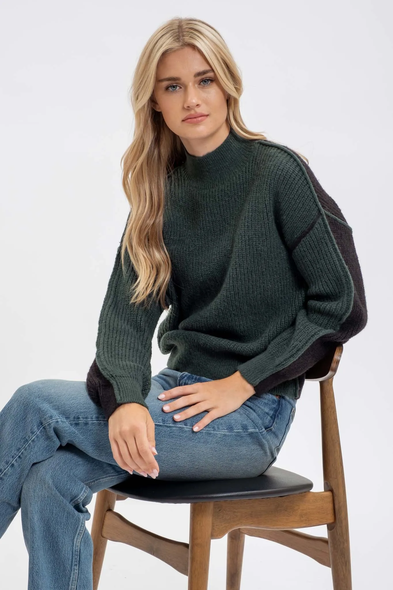 COLORBLOCK MOCK NECK EXPOSED SEAM KNIT SWEATER sold by Blu Pepper