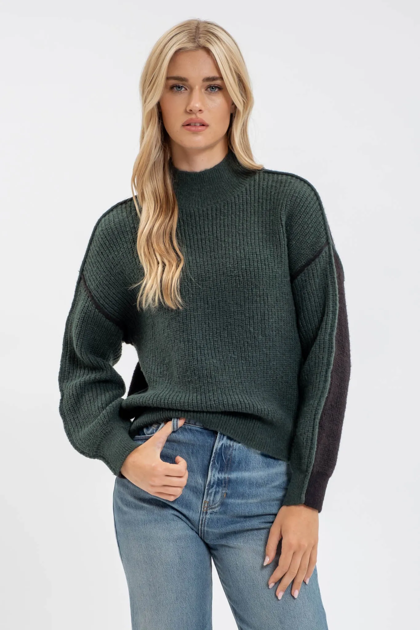 COLORBLOCK MOCK NECK EXPOSED SEAM KNIT SWEATER sold by Blu Pepper product image thumbnail 4