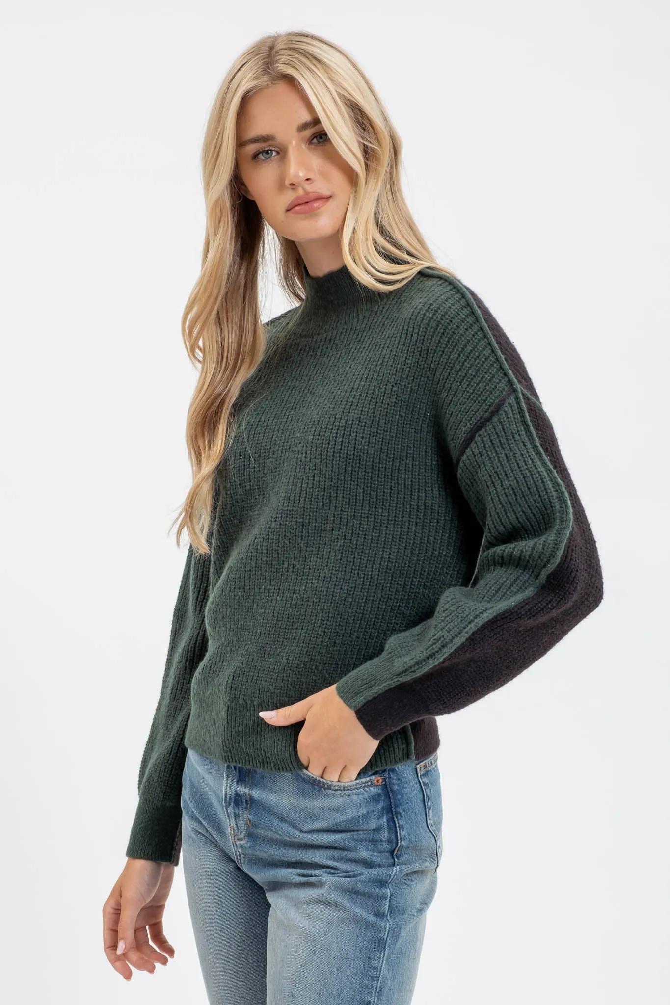 COLORBLOCK MOCK NECK EXPOSED SEAM KNIT SWEATER sold by Blu Pepper product image thumbnail 3