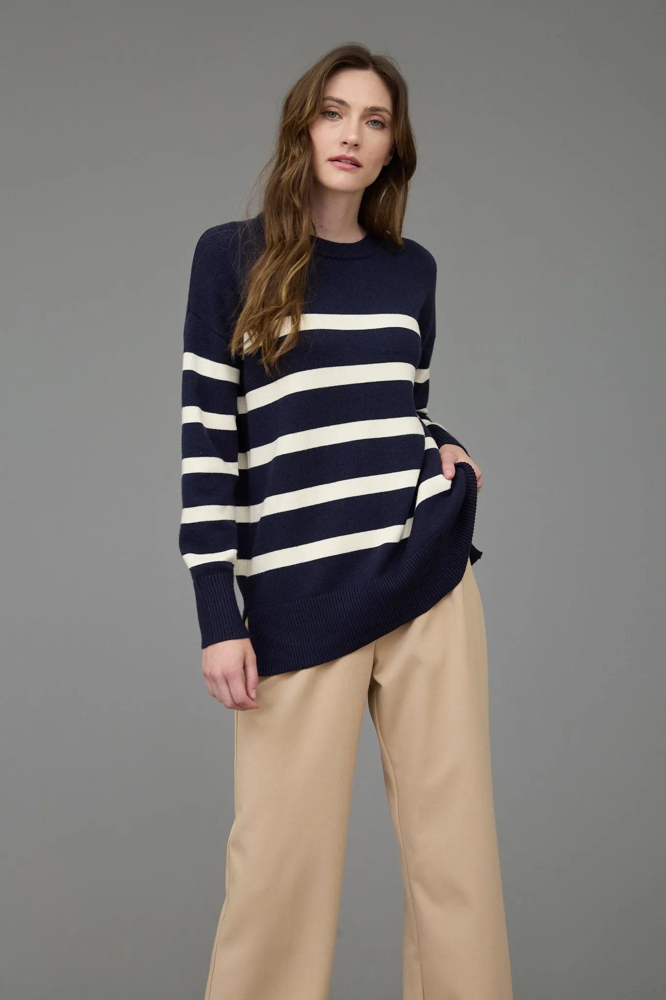 STRIPE OVERSIZED CREW SIDE SPLIT KNIT SWEATER sold by Blu Pepper product image thumbnail 4
