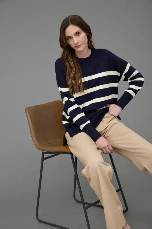 STRIPE OVERSIZED CREW SIDE SPLIT KNIT SWEATER sold by Blu Pepper