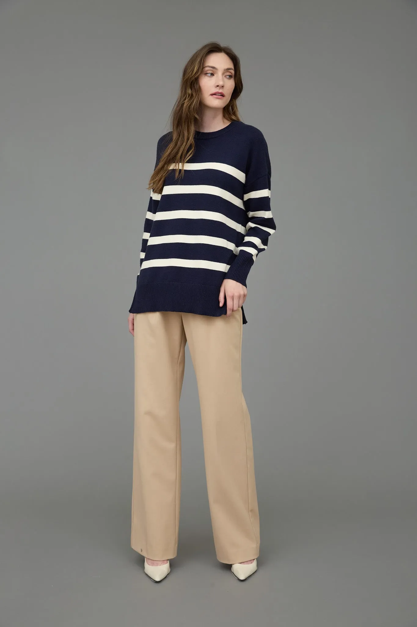 STRIPE OVERSIZED CREW SIDE SPLIT KNIT SWEATER sold by Blu Pepper product image thumbnail 5