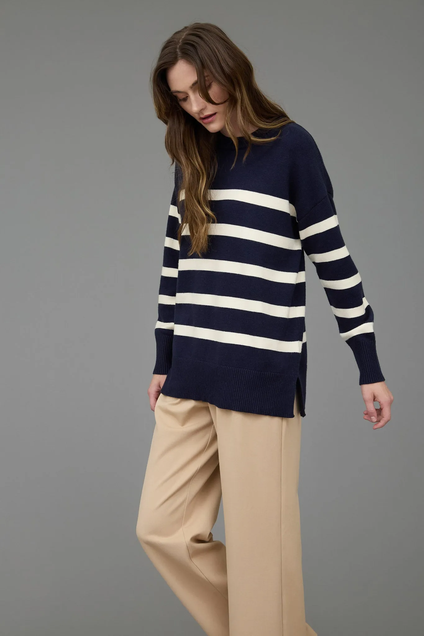STRIPE OVERSIZED CREW SIDE SPLIT KNIT SWEATER sold by Blu Pepper product image thumbnail 3