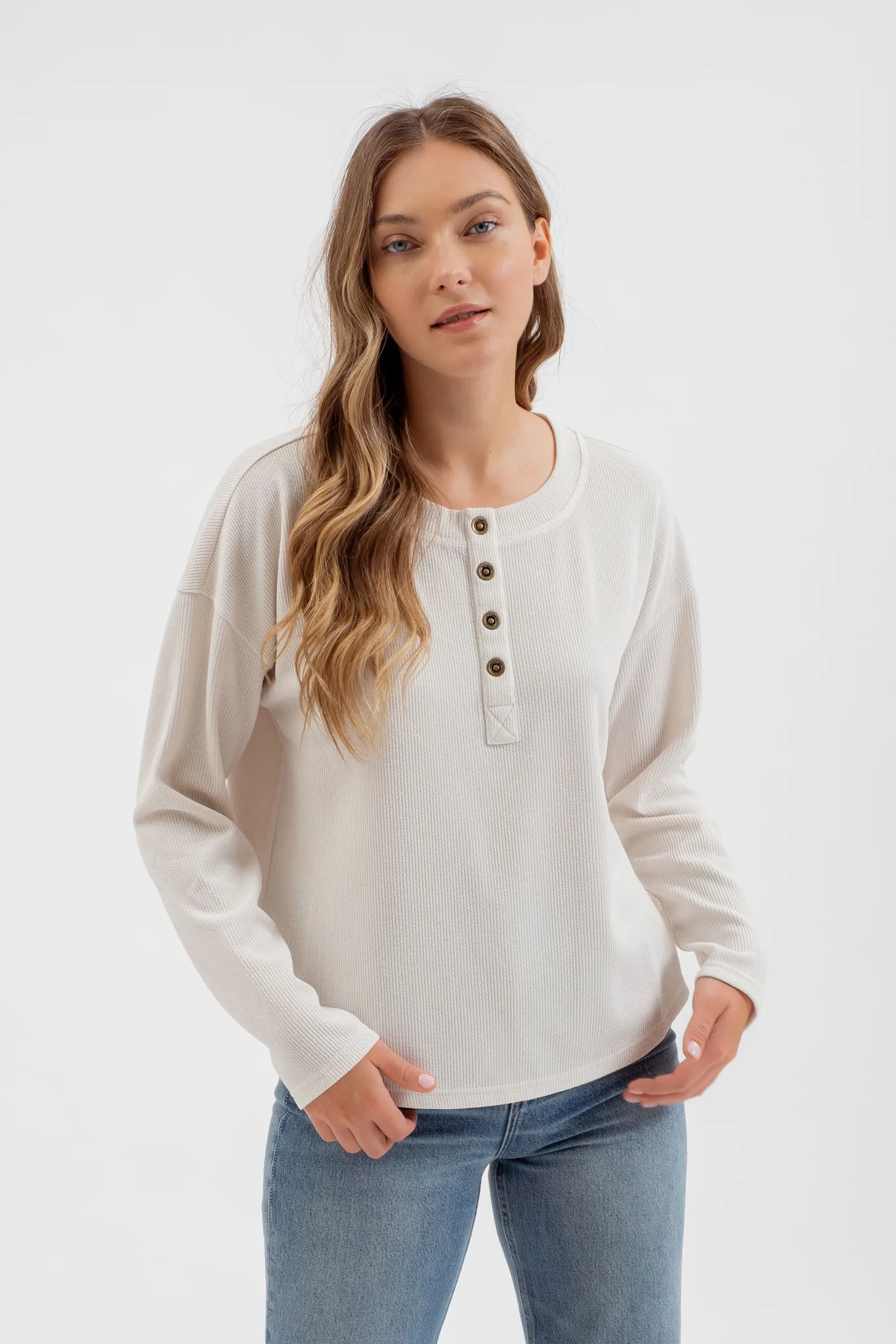HALF BUTTON DOWN LONG SLEEVE HENLEY KNIT TOP sold by Blu Pepper