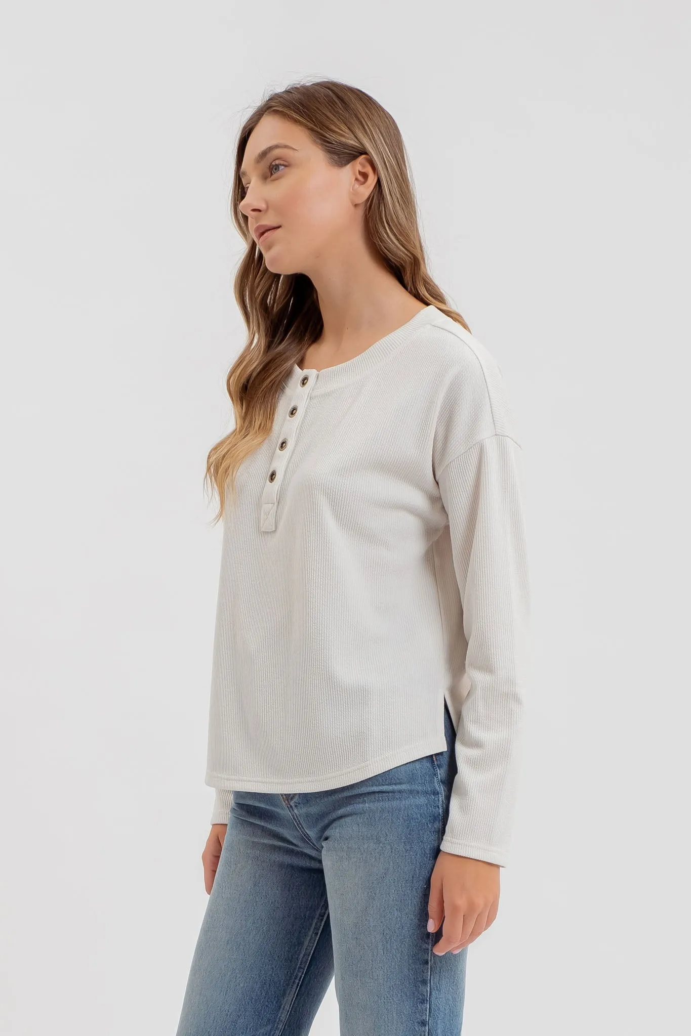 HALF BUTTON DOWN LONG SLEEVE HENLEY KNIT TOP sold by Blu Pepper product image thumbnail 3