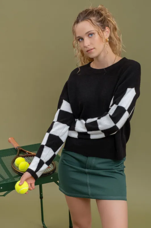CHECKERED LONG SLEEVE DROP SHOULDER SWEATER sold by Blu Pepper