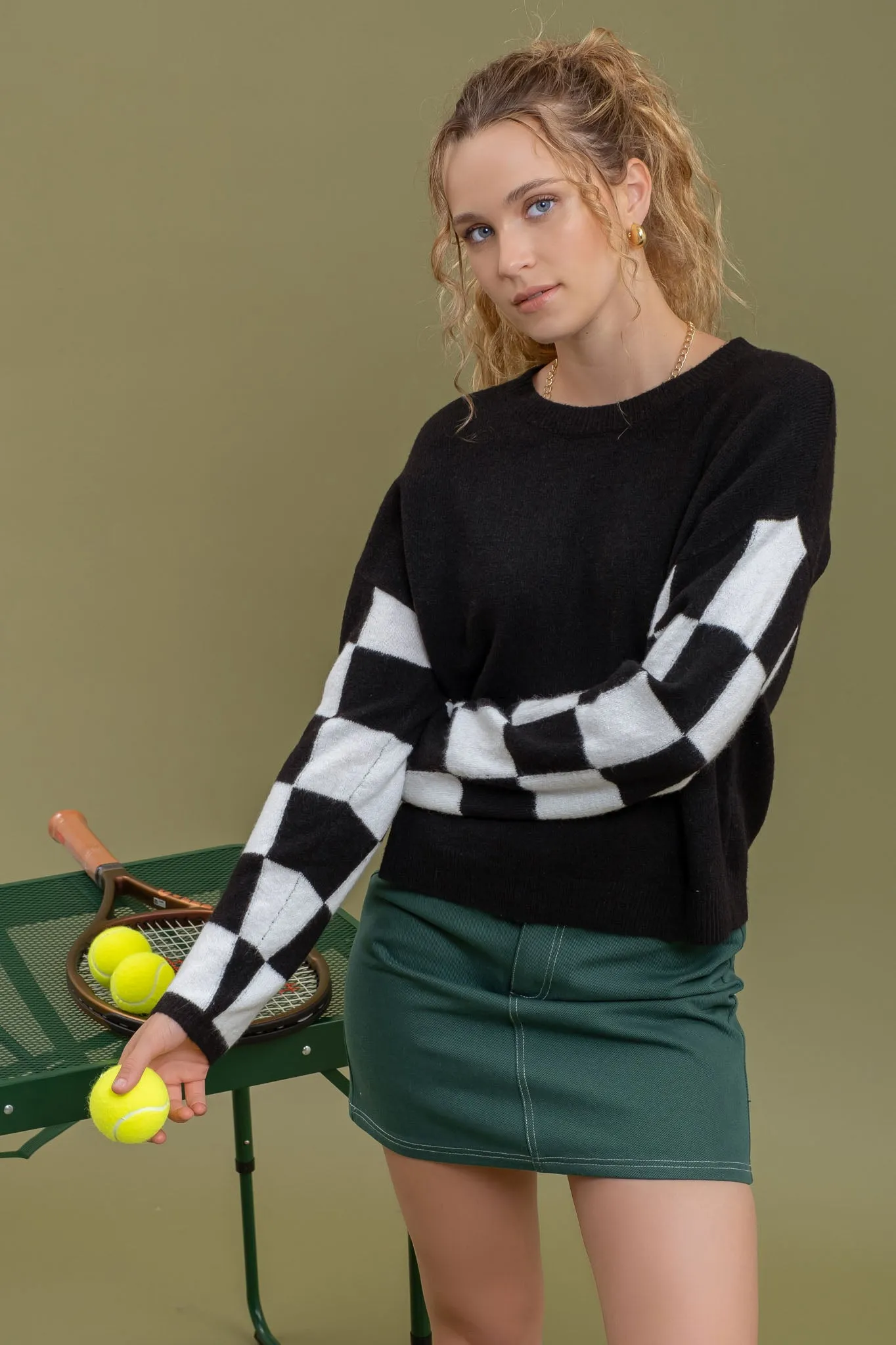 CHECKERED LONG SLEEVE DROP SHOULDER SWEATER sold by Blu Pepper
