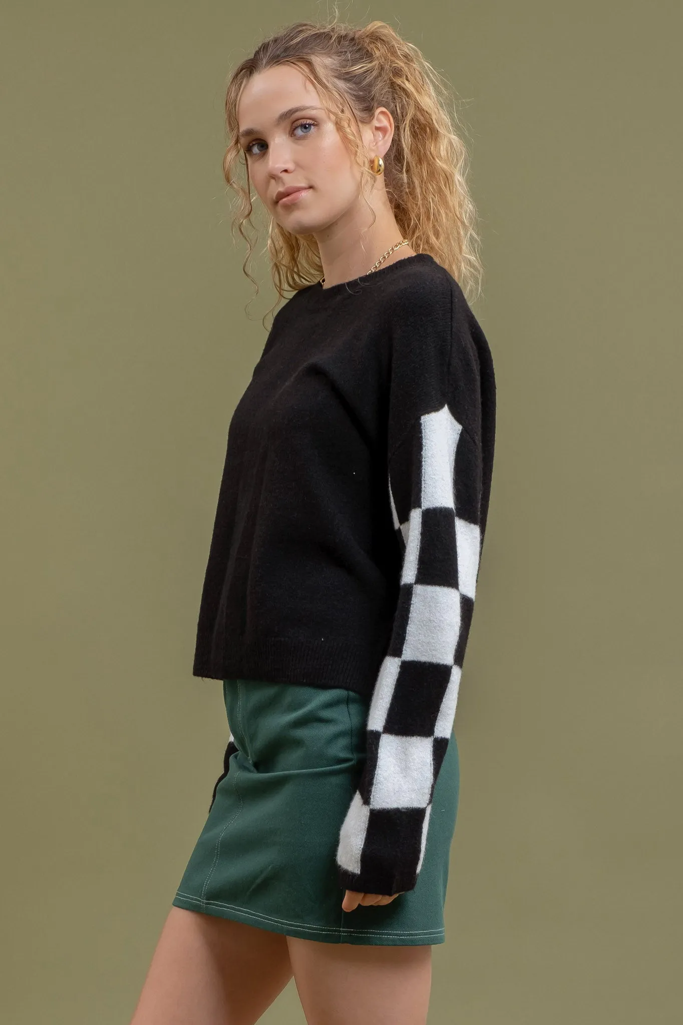 CHECKERED LONG SLEEVE DROP SHOULDER SWEATER sold by Blu Pepper product image thumbnail 3