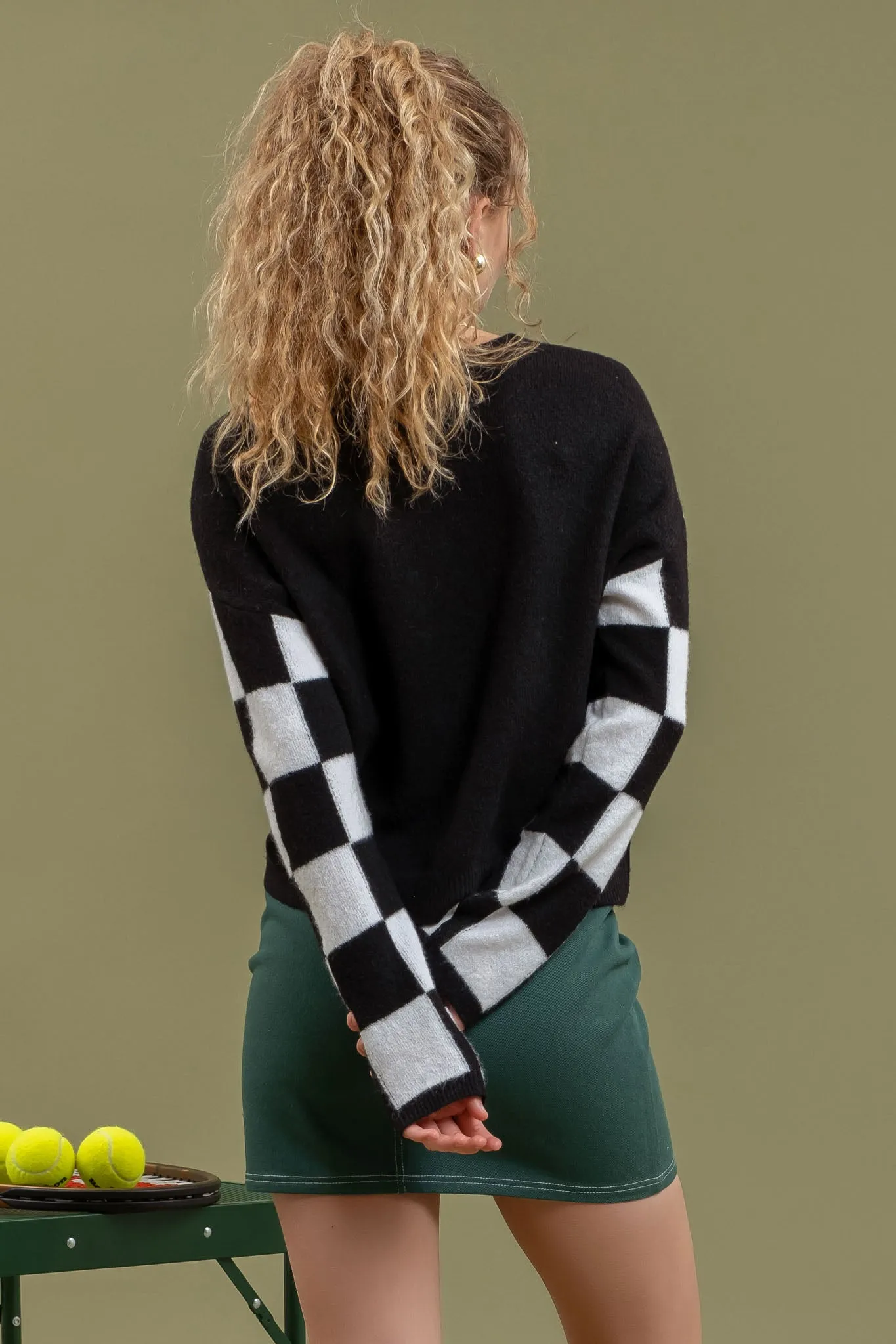 CHECKERED LONG SLEEVE DROP SHOULDER SWEATER sold by Blu Pepper product image thumbnail 2