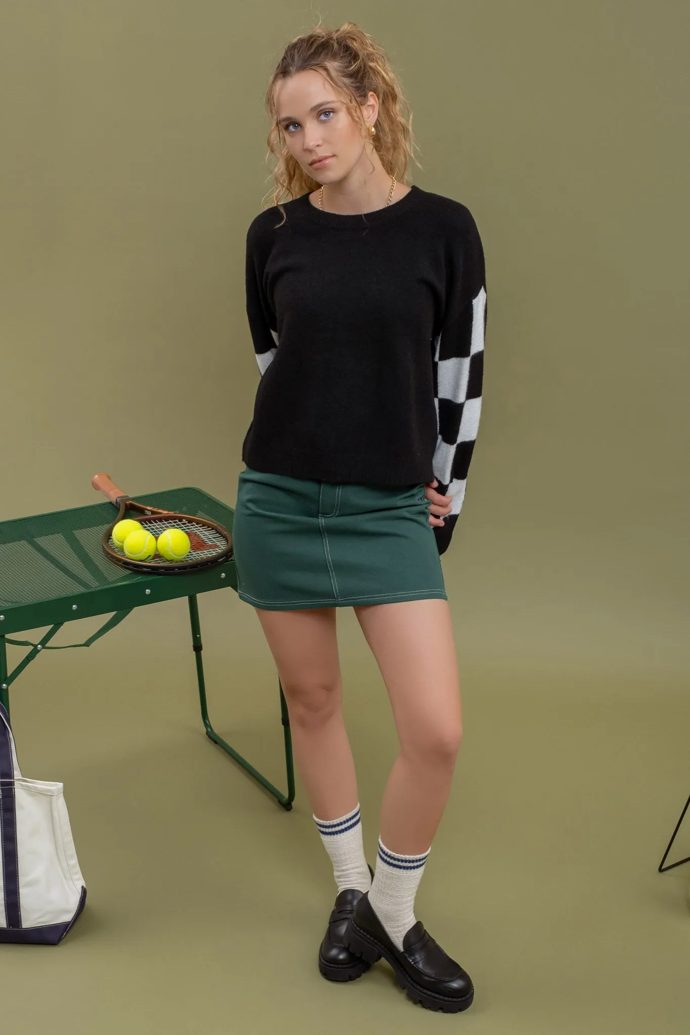 CHECKERED LONG SLEEVE DROP SHOULDER SWEATER sold by Blu Pepper product image thumbnail 4