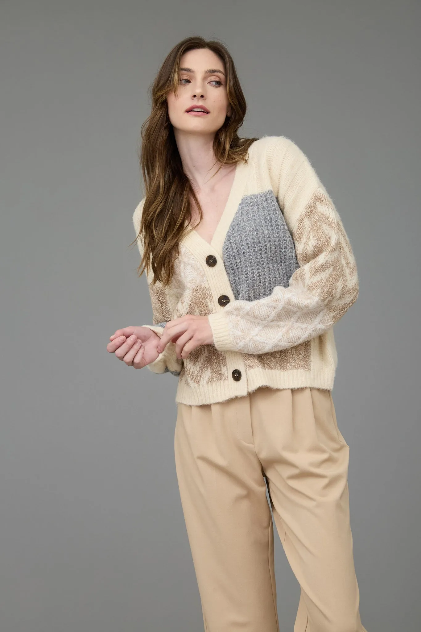 V NECK PATCHWORK CABLE KNIT CARDIGAN sold by Blu Pepper product image thumbnail 5