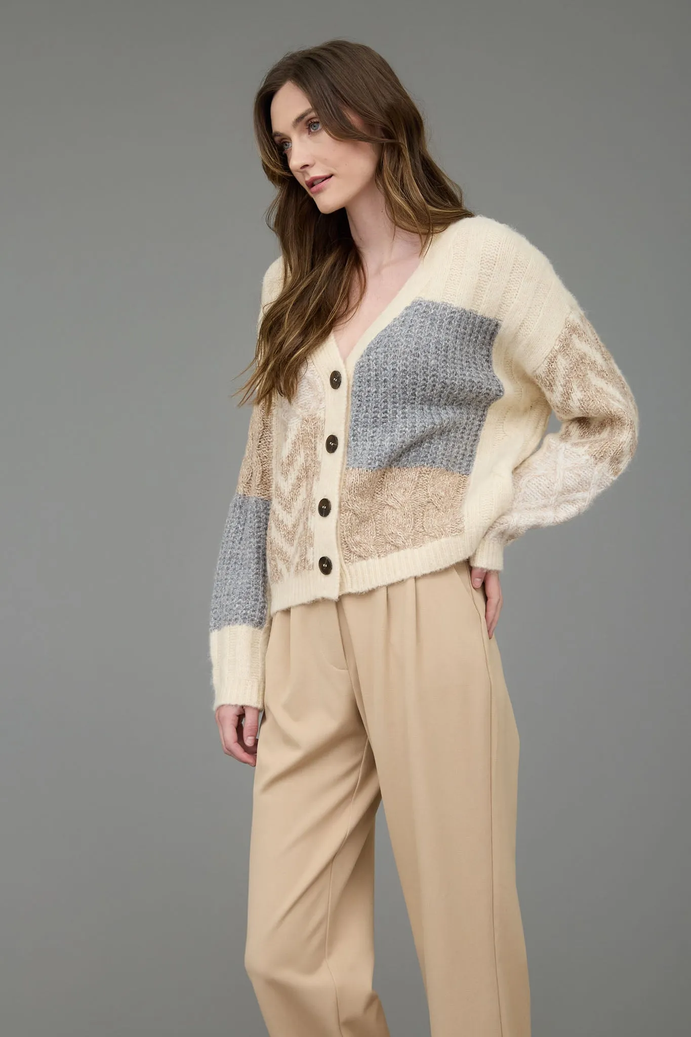 V NECK PATCHWORK CABLE KNIT CARDIGAN sold by Blu Pepper product image thumbnail 3