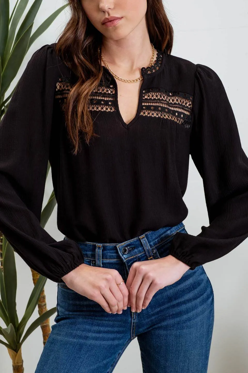 SPLIT NECK EYELET LACE TRIM LONG SLEEVE KNIT TOP sold by Blu Pepper