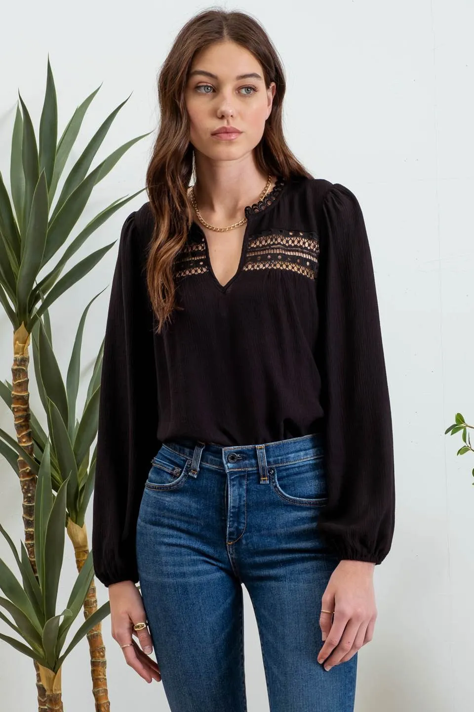 SPLIT NECK EYELET LACE TRIM LONG SLEEVE KNIT TOP sold by Blu Pepper product image thumbnail 5