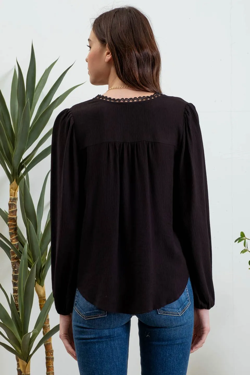 SPLIT NECK EYELET LACE TRIM LONG SLEEVE KNIT TOP sold by Blu Pepper product image thumbnail 2