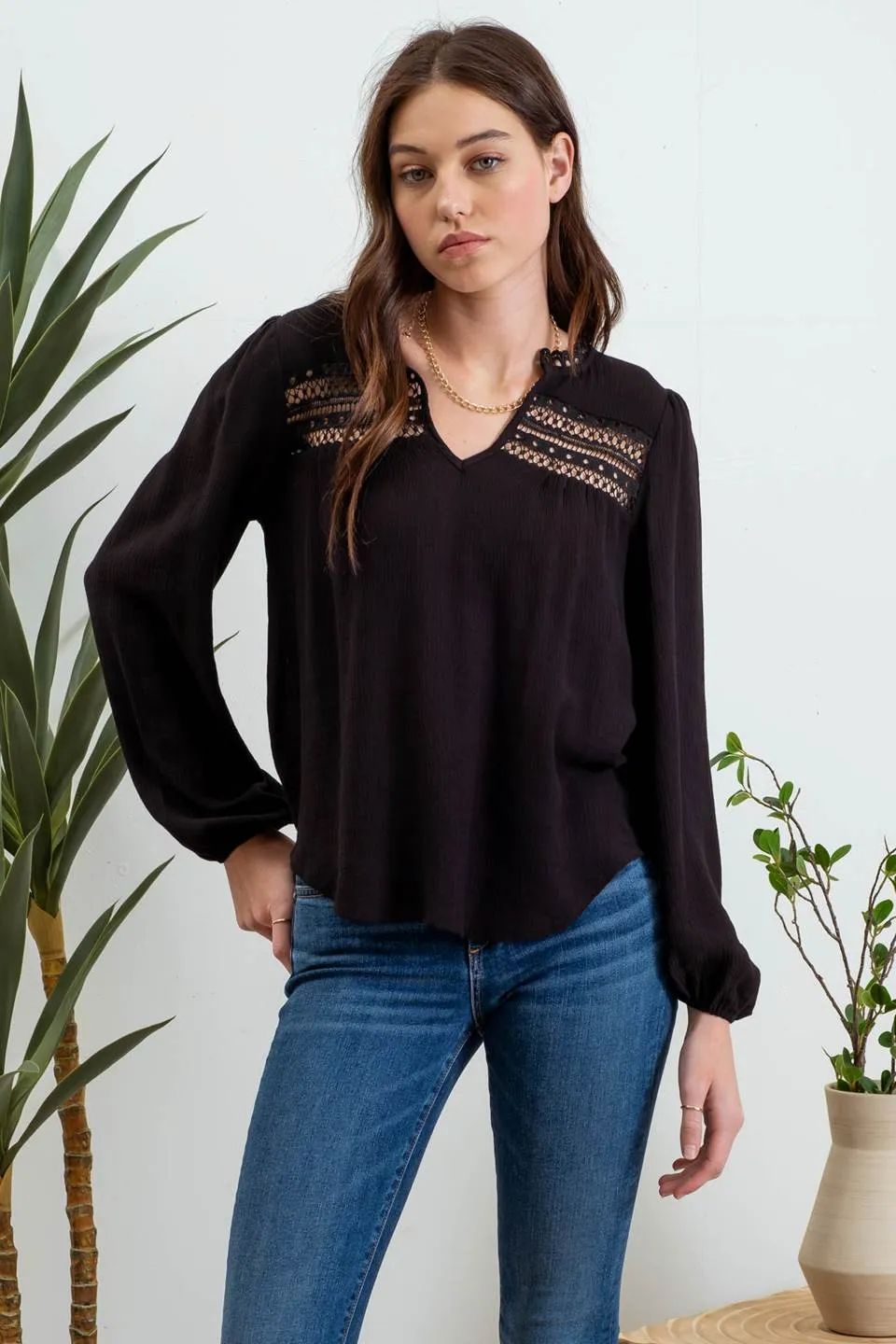 SPLIT NECK EYELET LACE TRIM LONG SLEEVE KNIT TOP sold by Blu Pepper product image thumbnail 3