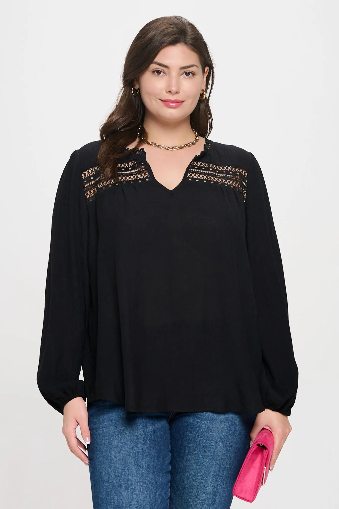 PLUS SPLIT NECK EYELET TRIM LONG SLEEVE KNIT TOP sold by Blu Pepper product image thumbnail 5