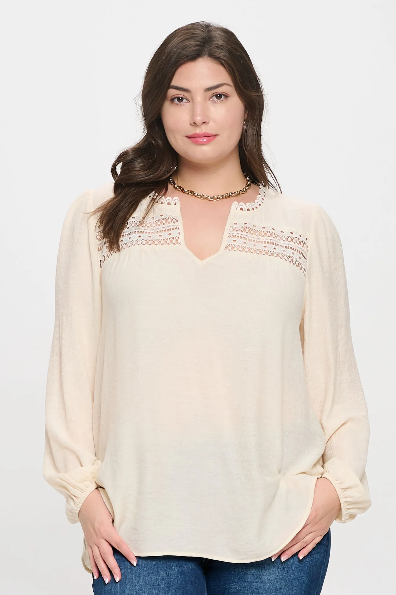 PLUS SPLIT NECK EYELET TRIM LONG SLEEVE KNIT TOP sold by Blu Pepper
