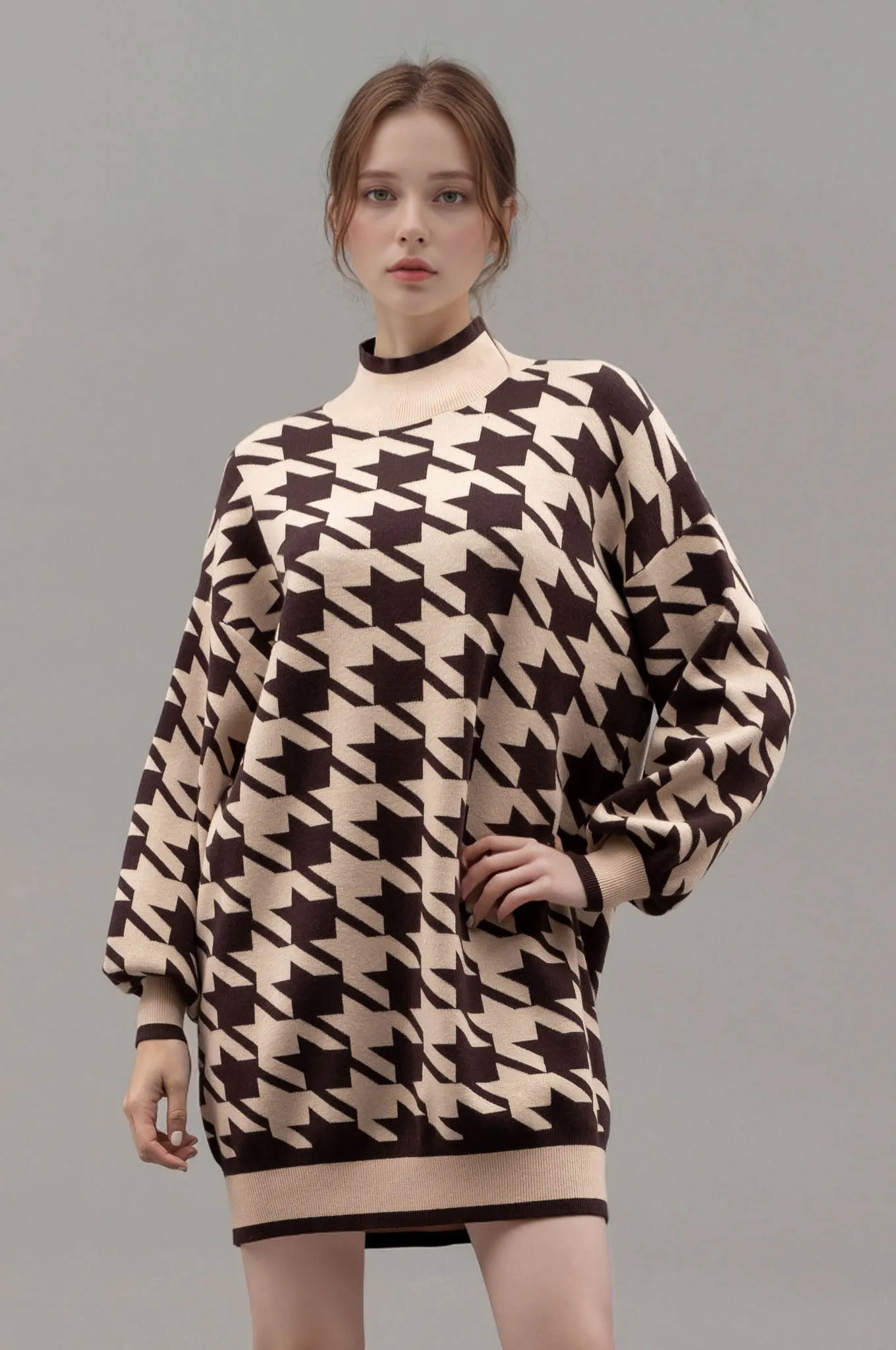 MOCK NECK HOUNDSTOOTH SWEATER DRESS sold by Blu Pepper product image thumbnail 3