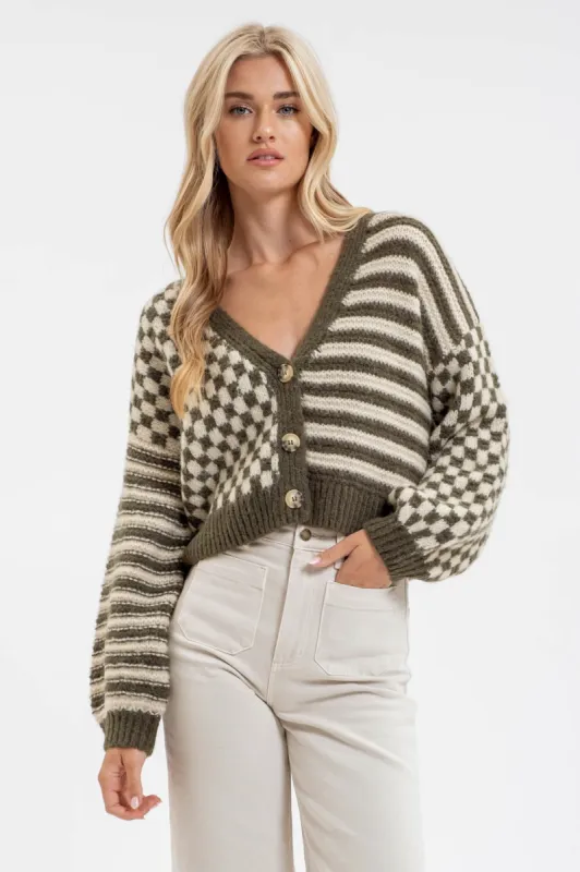 STRIPE AND CHECKERED DROP SHOULDER KNIT CARDIGAN sold by Blu Pepper