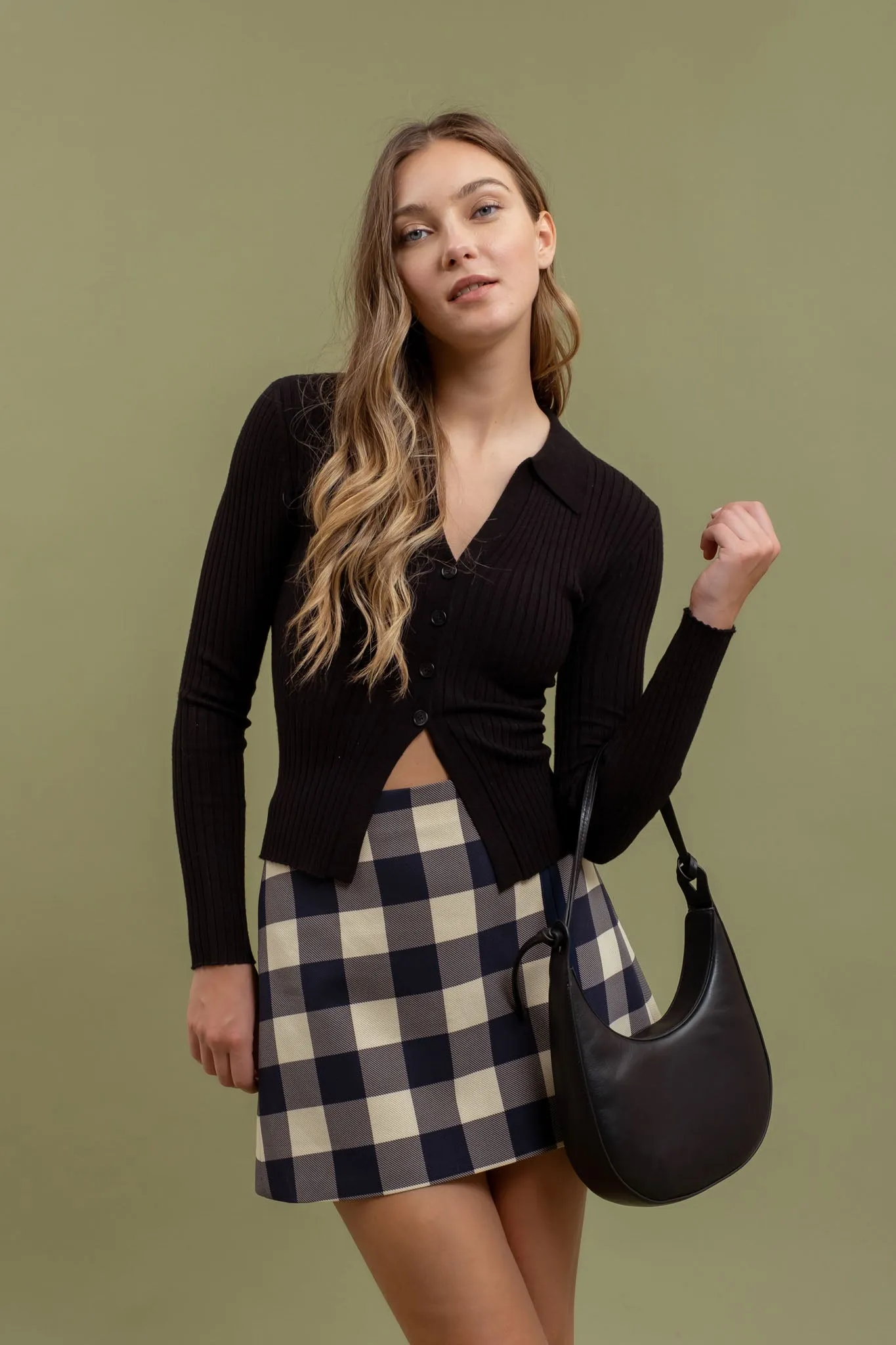 COLLARED BUTTON FRONT LONG SLEEVE SWEATER KNIT TOP sold by Blu Pepper product image thumbnail 5