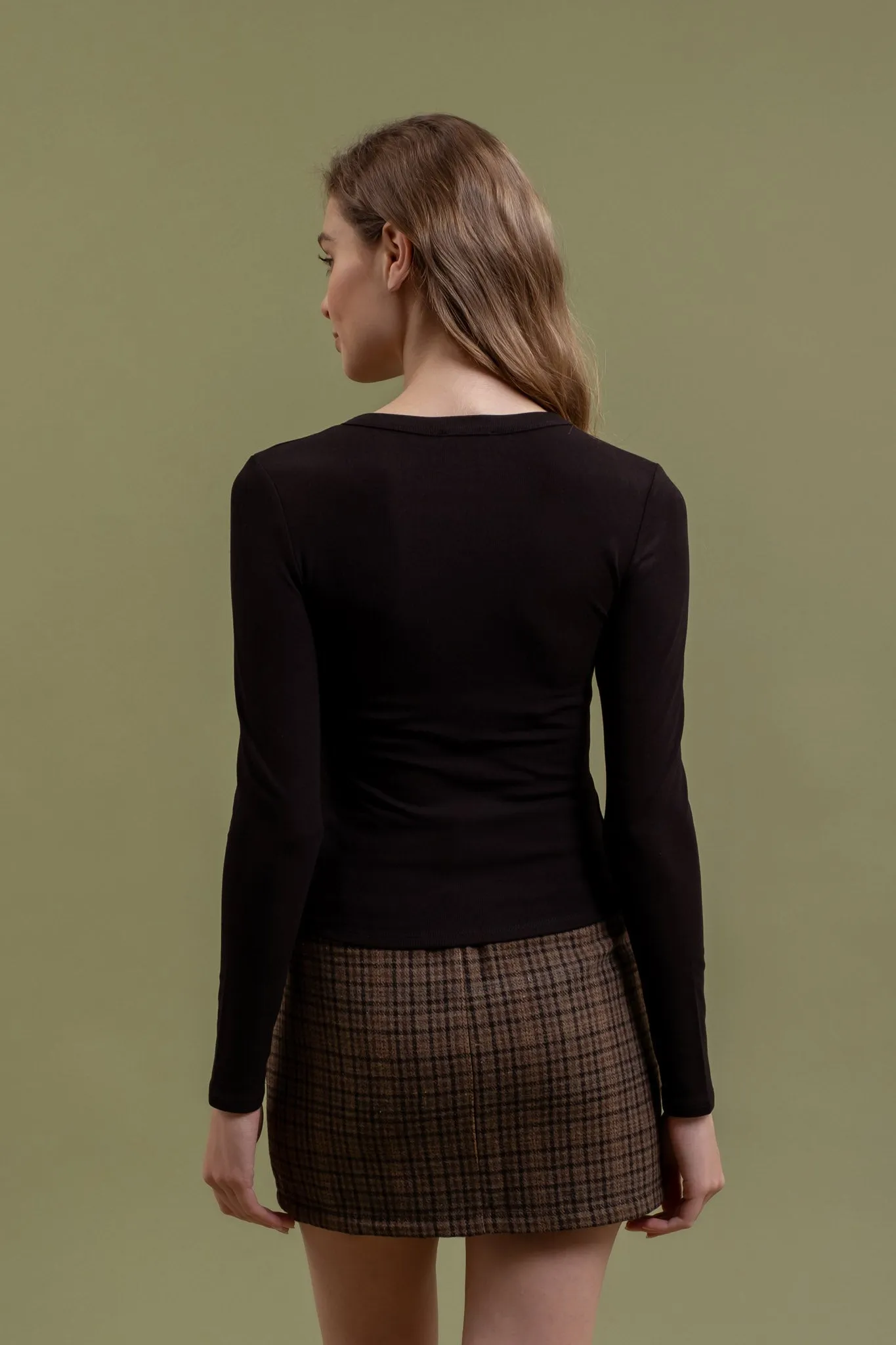 ROUND NECK SNAP BUTTON DOWN LONG SLEEVE KNIT TOP sold by Blu Pepper product image thumbnail 2