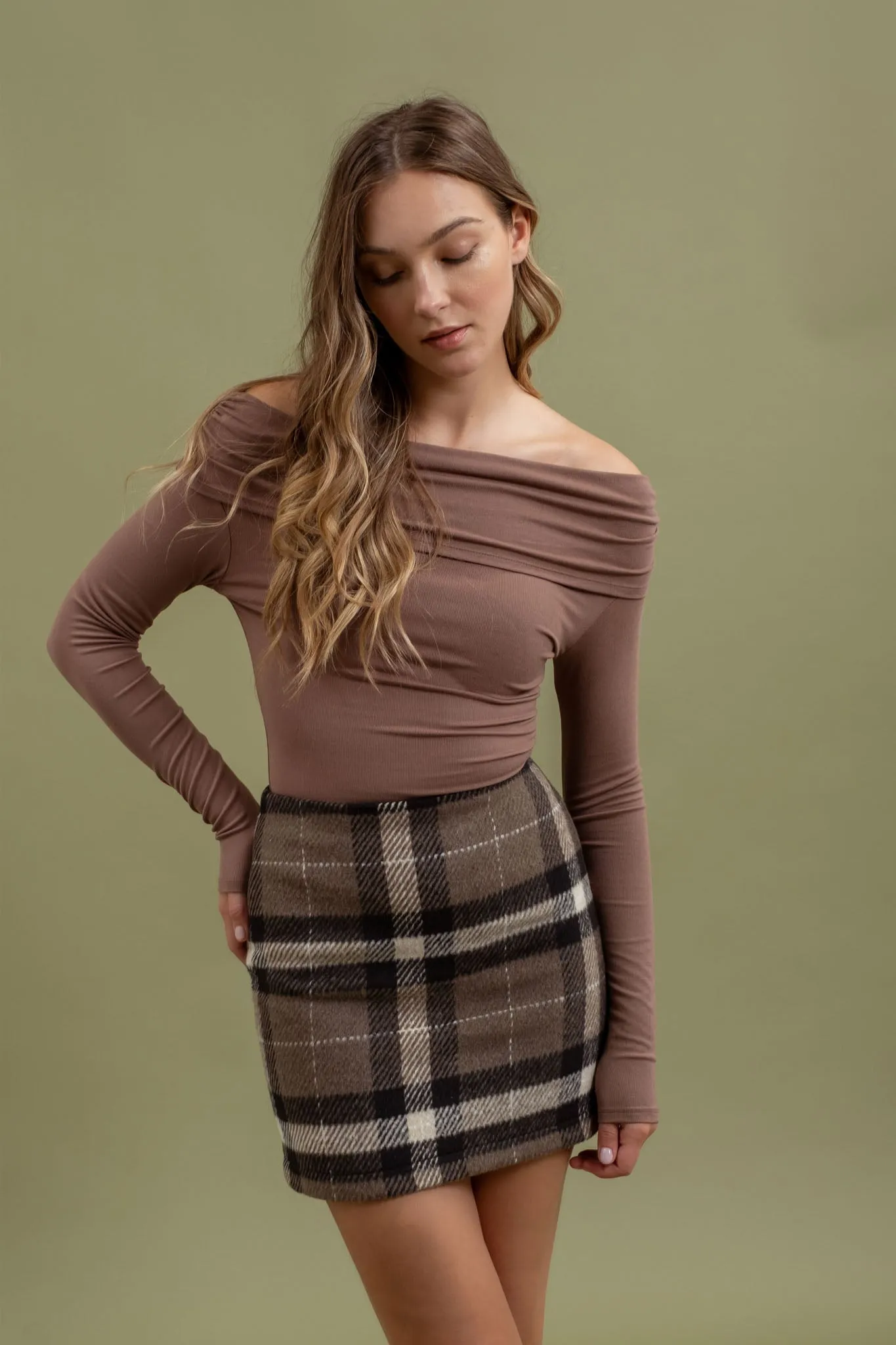 OFF THE SHOULDER FOLD OVER LONG SLEEVE KNIT TOP sold by Blu Pepper