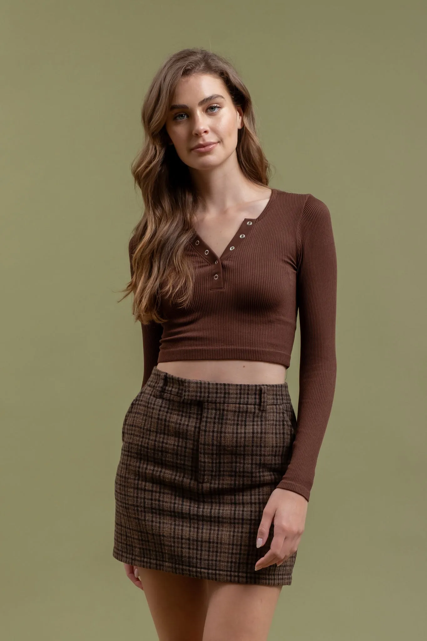 RIBBED HENLEY LONG SLEEVE KNIT CROP TOP sold by Blu Pepper product image thumbnail 4