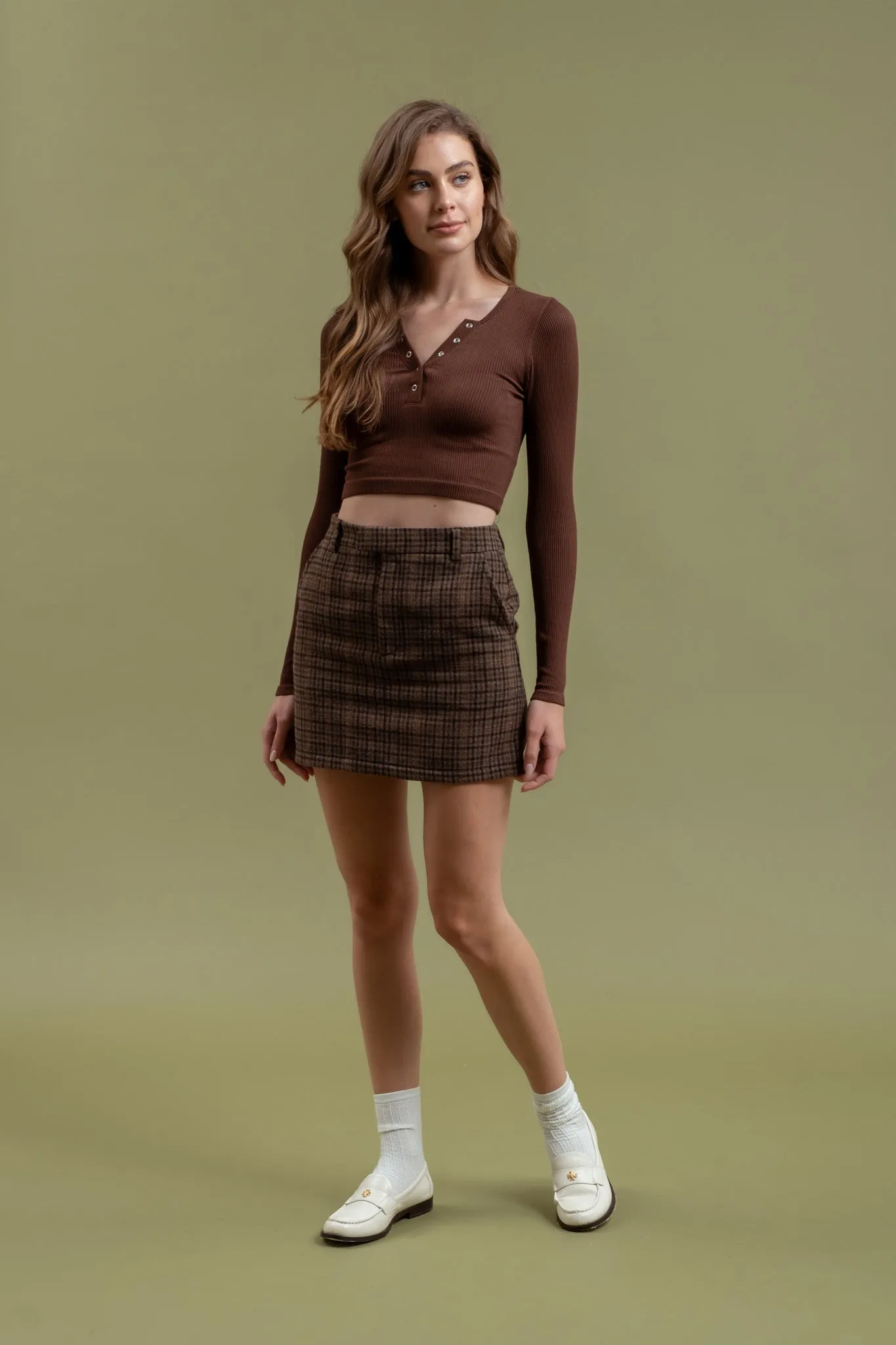 RIBBED HENLEY LONG SLEEVE KNIT CROP TOP sold by Blu Pepper product image thumbnail 5