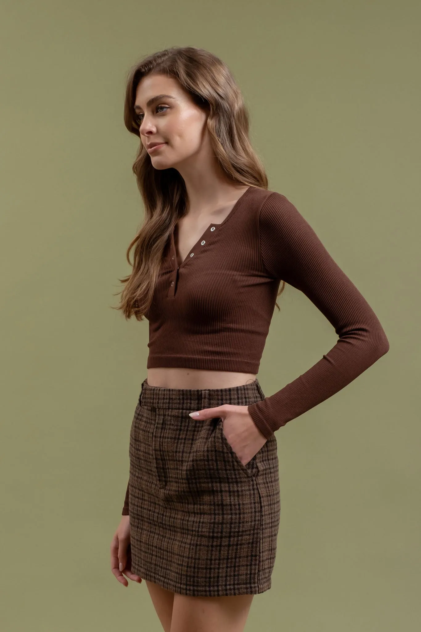 RIBBED HENLEY LONG SLEEVE KNIT CROP TOP sold by Blu Pepper product image thumbnail 3
