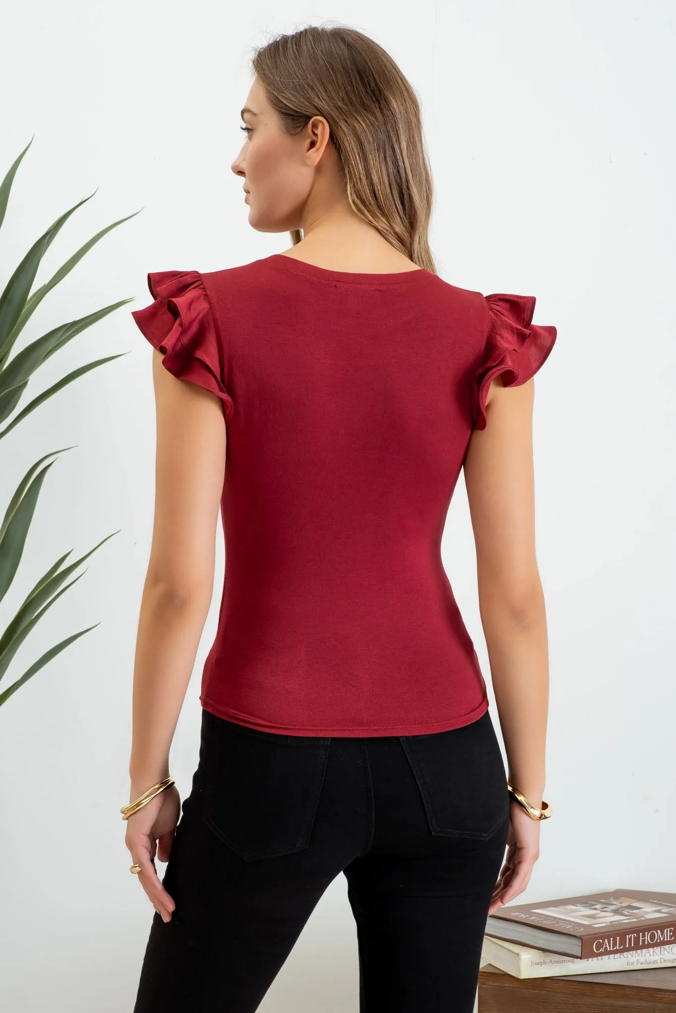 SOLID RUFFLE FLUTTER SLEEVE KNIT TOP sold by Blu Pepper product image thumbnail 2