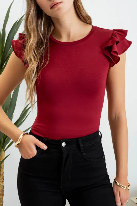 SOLID RUFFLE FLUTTER SLEEVE KNIT TOP sold by Blu Pepper