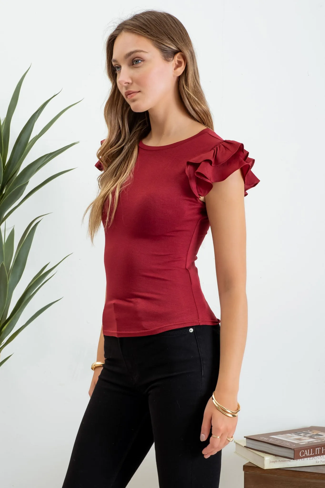 SOLID RUFFLE FLUTTER SLEEVE KNIT TOP sold by Blu Pepper product image thumbnail 3
