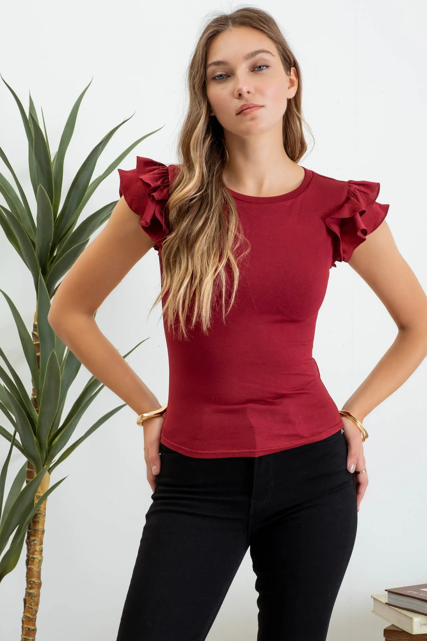 SOLID RUFFLE FLUTTER SLEEVE KNIT TOP sold by Blu Pepper product image thumbnail 5