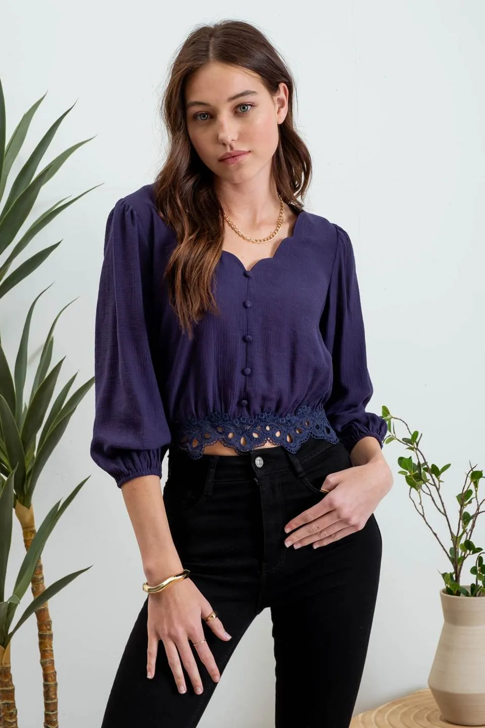 SCALLOP V NECK 3/4 SLEEVE LACE TRIM BACK TIE CROP sold by Blu Pepper product image thumbnail 5
