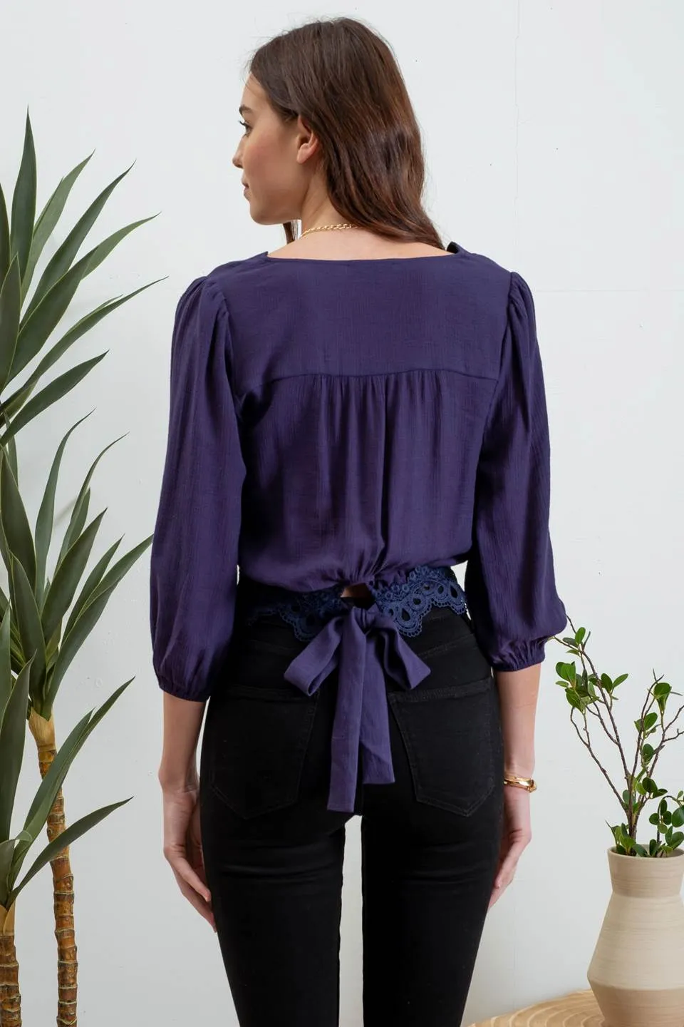 SCALLOP V NECK 3/4 SLEEVE LACE TRIM BACK TIE CROP sold by Blu Pepper product image thumbnail 2