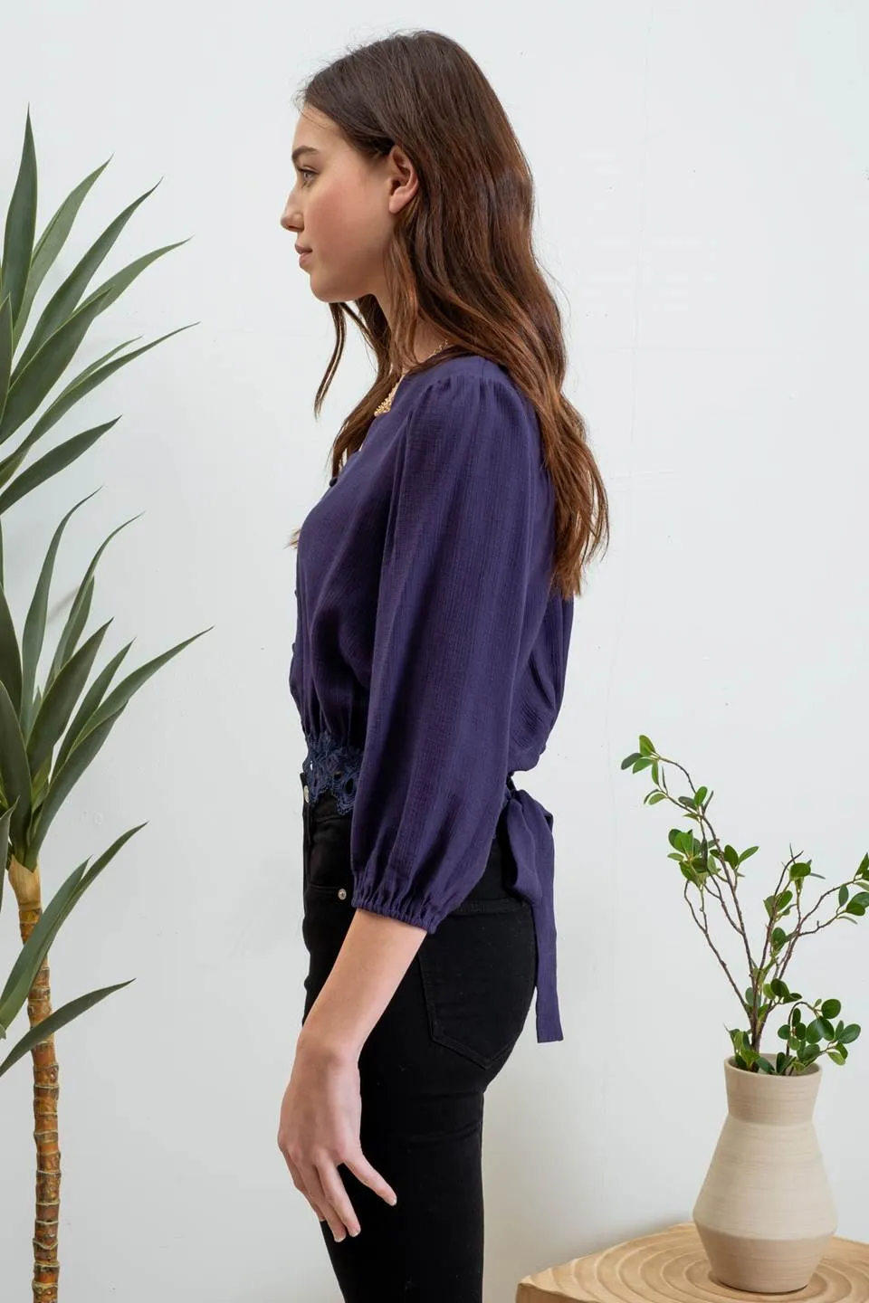 SCALLOP V NECK 3/4 SLEEVE LACE TRIM BACK TIE CROP sold by Blu Pepper product image thumbnail 3