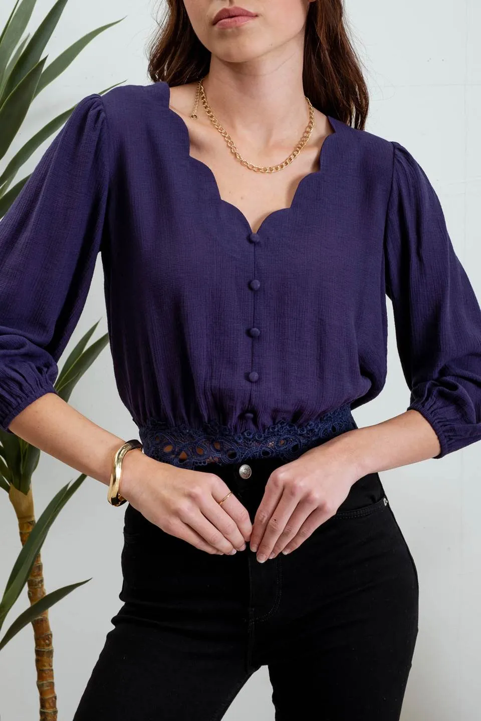 SCALLOP V NECK 3/4 SLEEVE LACE TRIM BACK TIE CROP sold by Blu Pepper