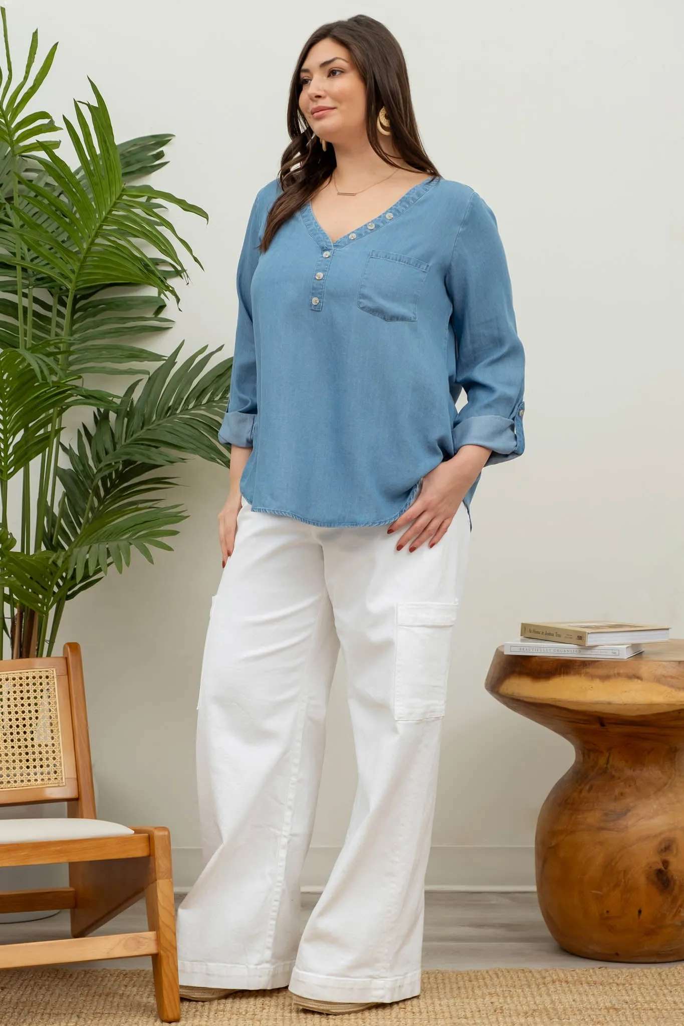 PLUS LONG TAB SLEEVE BUTTON DOWN CHAMBRAY TOP sold by Blu Pepper product image thumbnail 3